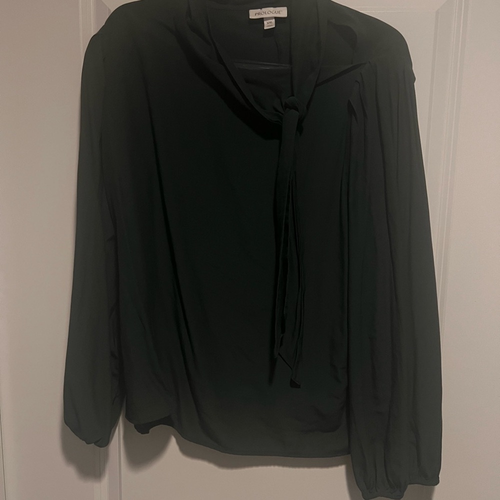 Prologue Dark Green Blouse with Tie Neck